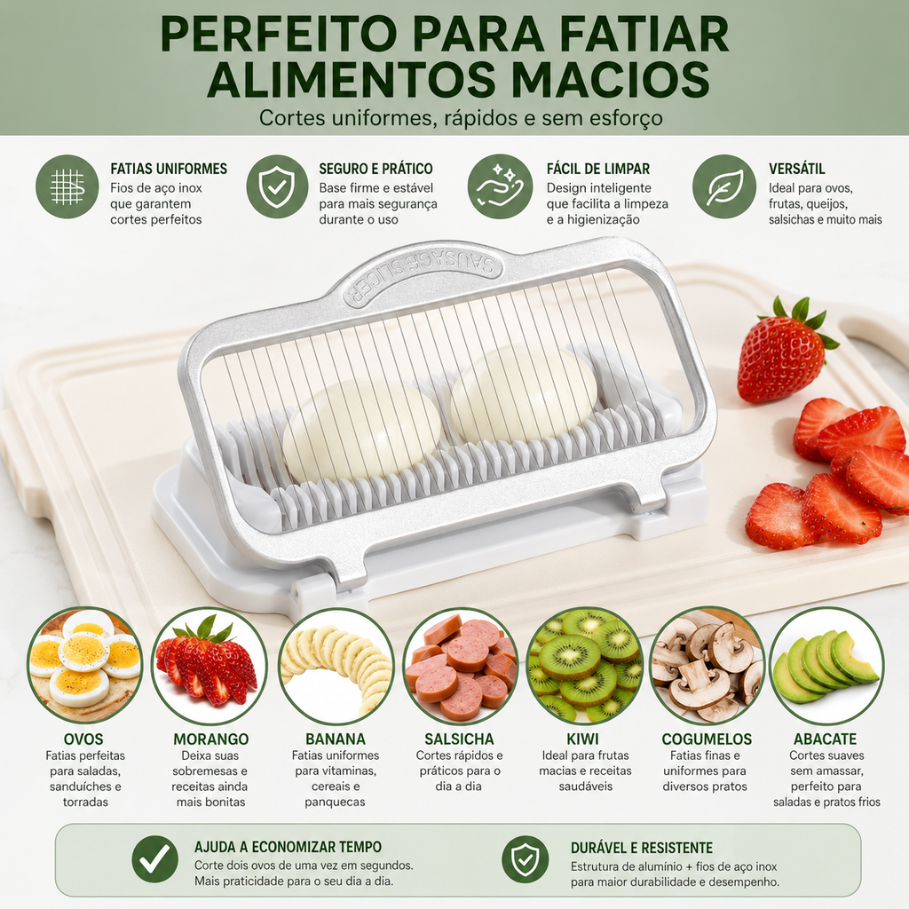 Fatiador Multiuso PremiumSlice™ | Corte Uniforme para Ovos, Frutas, Queijos e Alimentos Macios