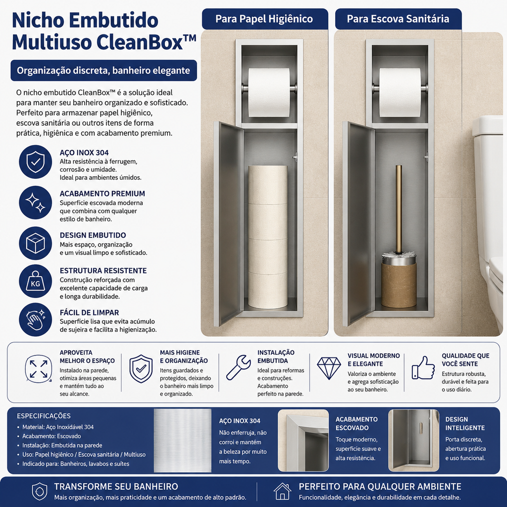 Nicho CleanSpace™ | Suporte de Papel Higiênico com Compartimento em Aço Inox