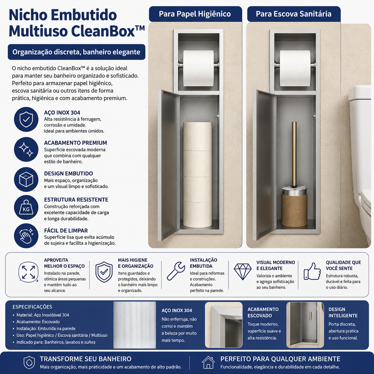 Nicho CleanSpace™ | Suporte de Papel Higiênico com Compartimento em Aço Inox