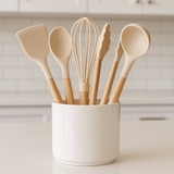 Conjunto 5 Utensílios Silicone com Cabo Madeira e Porta Utensílios