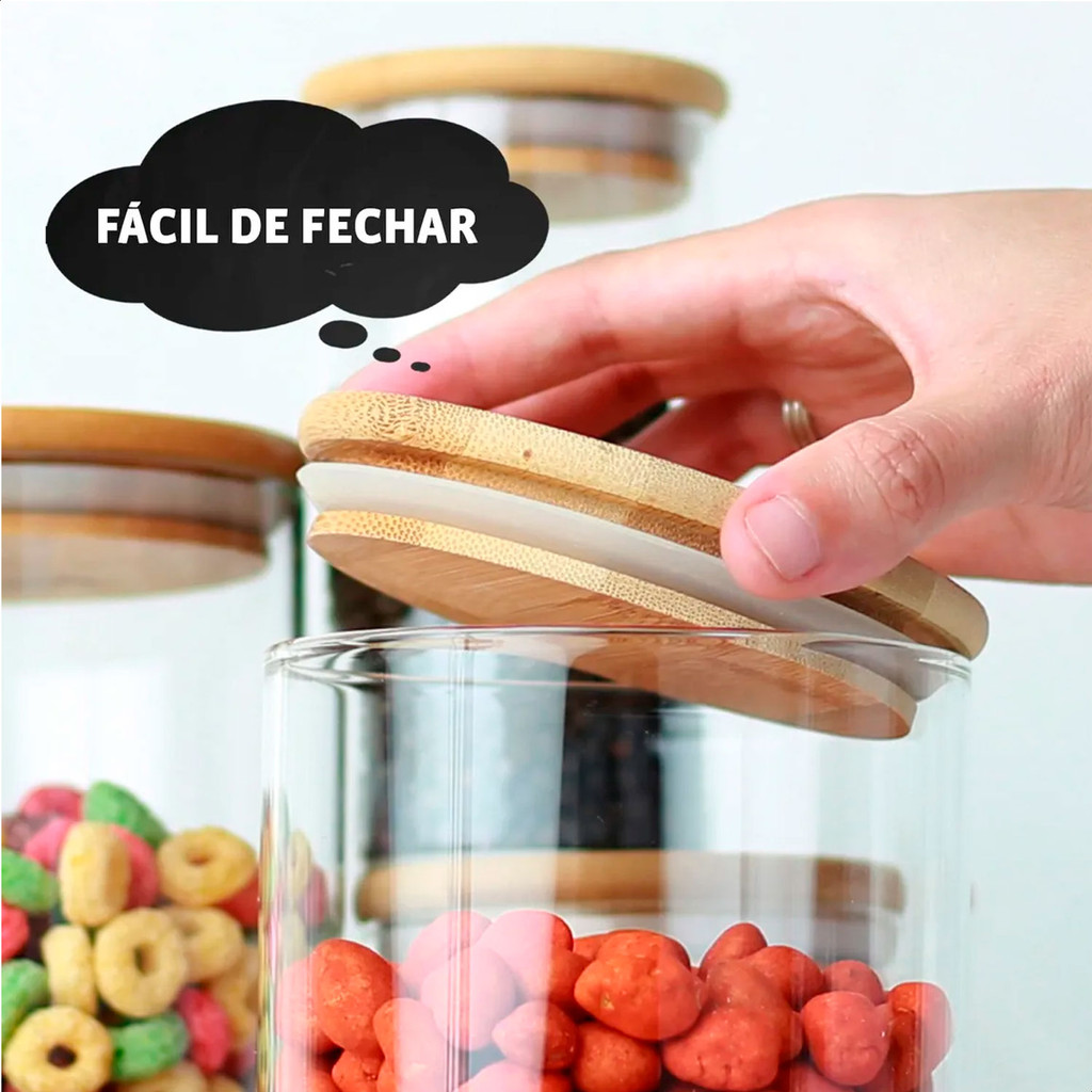 Kit 3 Potes Herméticos de Vidro com Tampa de Bambu